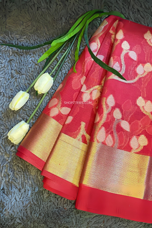 Red Floral Banarasi Kota Silk Saree