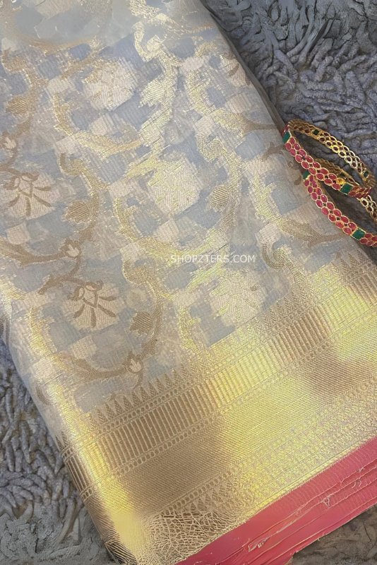 Grey Floral Banarasi Kota Silk Saree