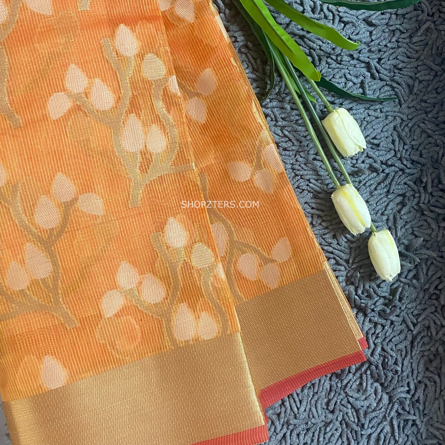 Orange Floral Banarasi Kota Silk Saree