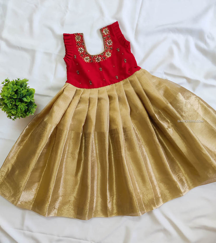 Red and Golden Pattu Frock
