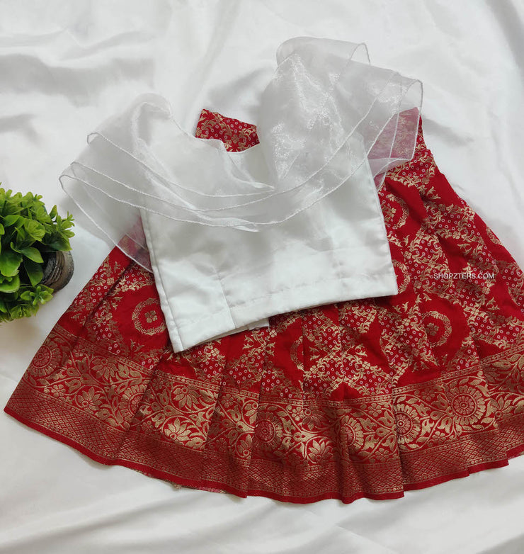 White Ruffle Top With Red Bandhani Skirt