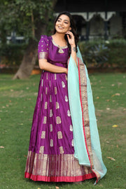 Purple Kanchi Swarovski-Adorned Peacock  Border Pattu Dress,