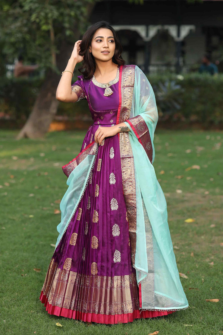 Purple Kanchi Swarovski-Adorned Peacock  Border Pattu Dress,