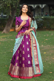 Purple Kanchi Swarovski-Adorned Peacock  Border Pattu Dress,