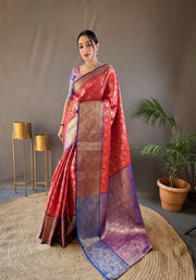 Checked Pattern Peacock And Elephant Buttas Silk Saree