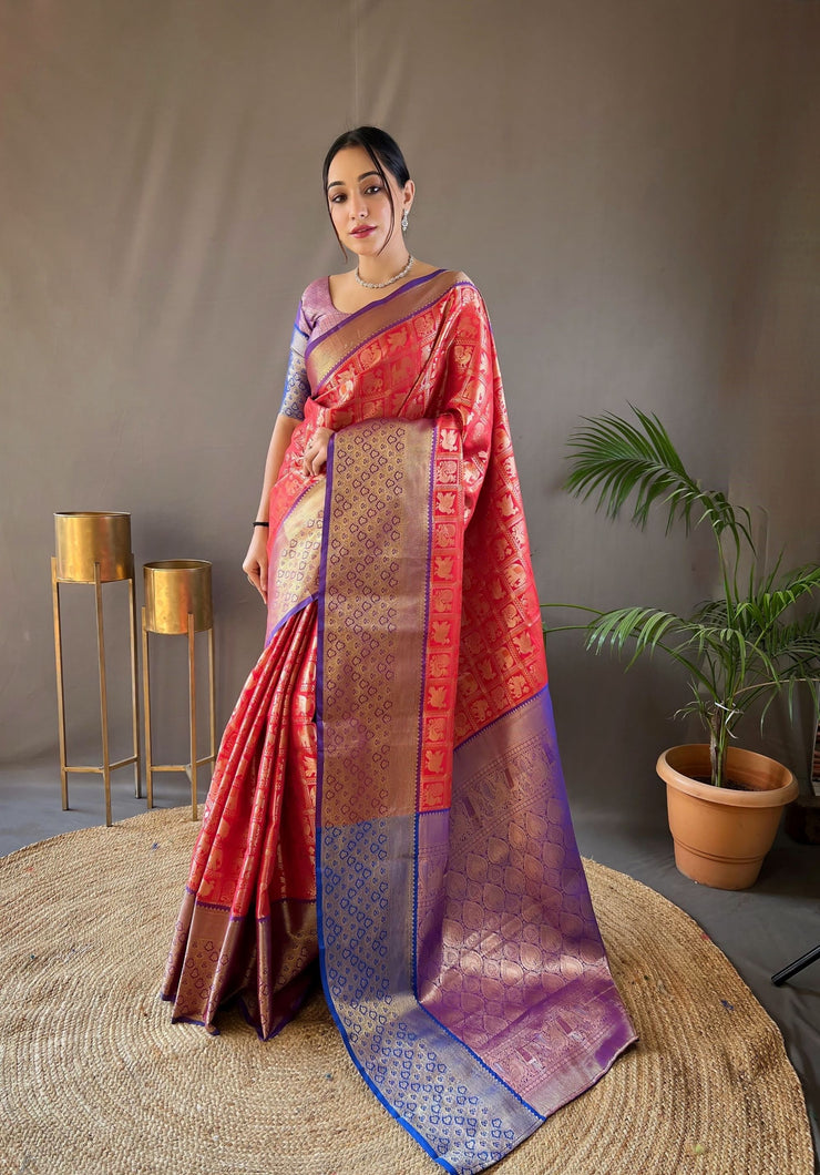 Checked Pattern Peacock And Elephant Buttas Silk Saree