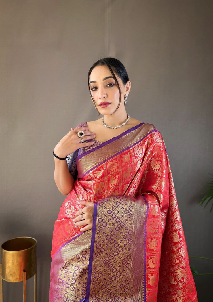 Checked Pattern Peacock And Elephant Buttas Silk Saree