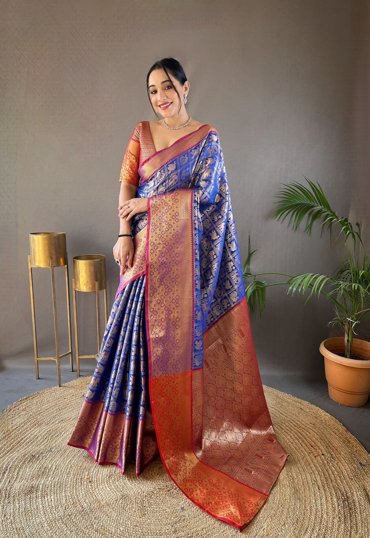 Checked Pattern Peacock And Elephant Buttas Silk Saree