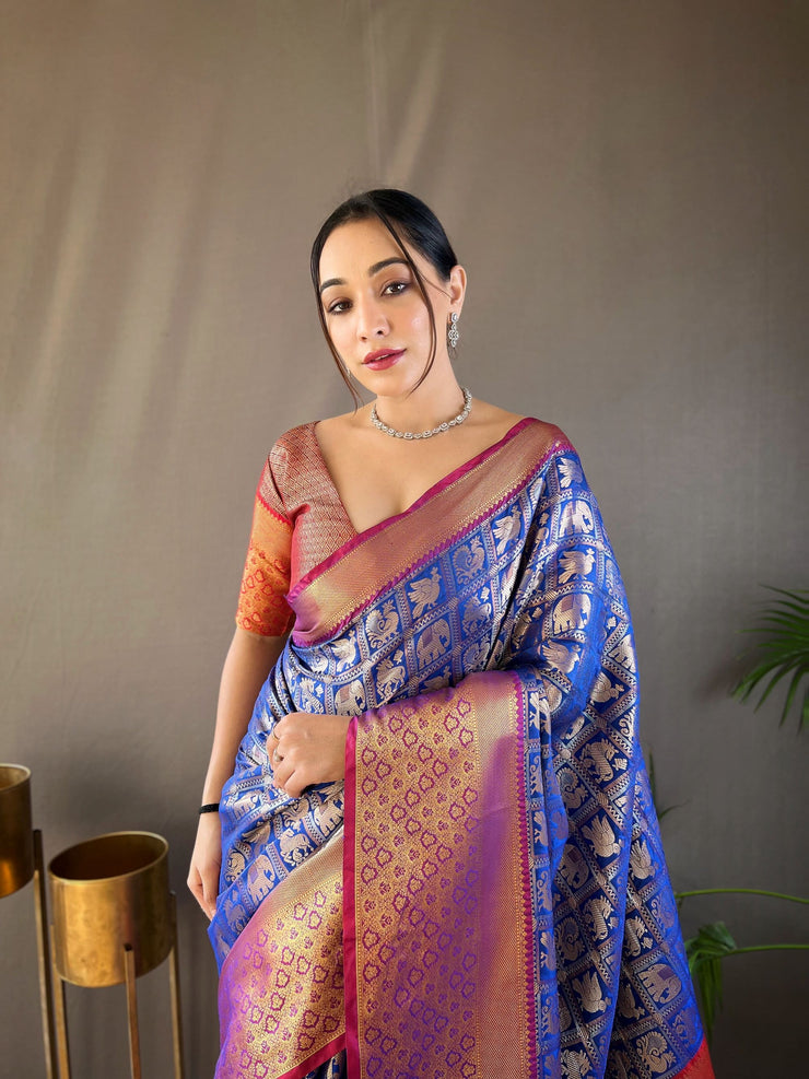 Checked Pattern Peacock And Elephant Buttas Silk Saree