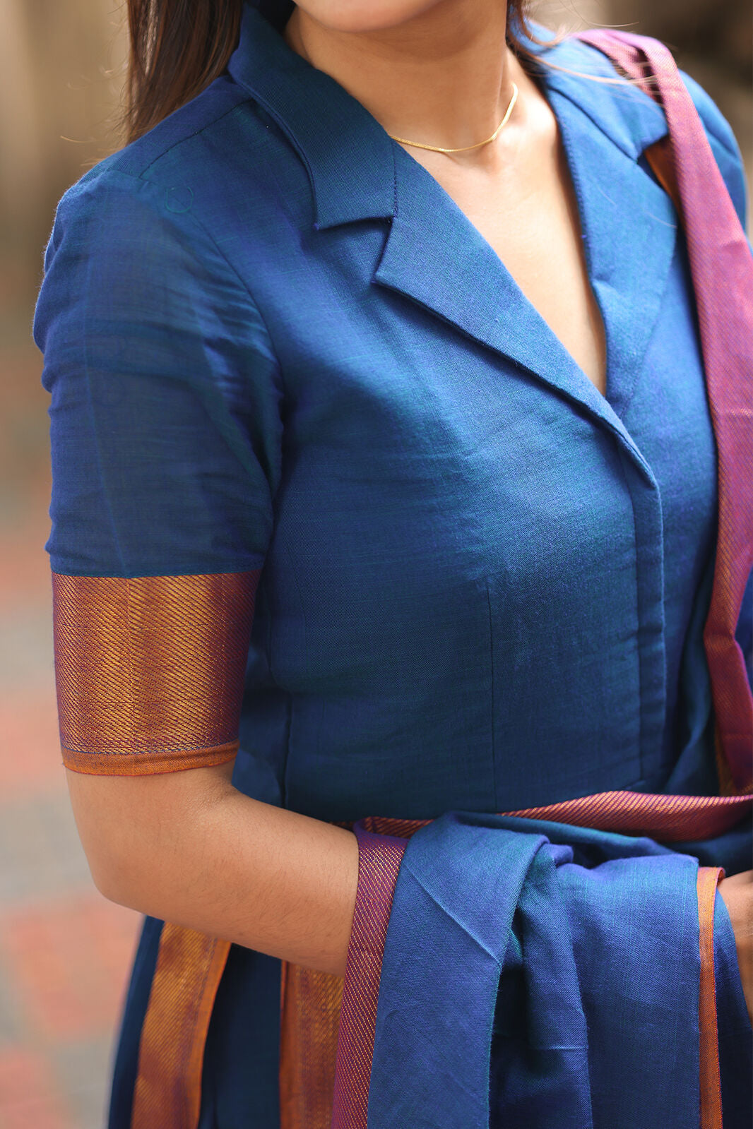 Royal Blue Handloom Suit Set With Zari Border