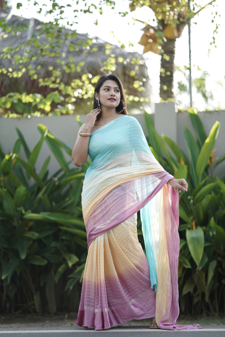 Multi Coloured Georgette Saree With Silver Jari Sequence