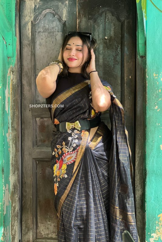 Hand Painted Black Checked Saree