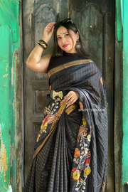 Hand Painted Black Checked Saree