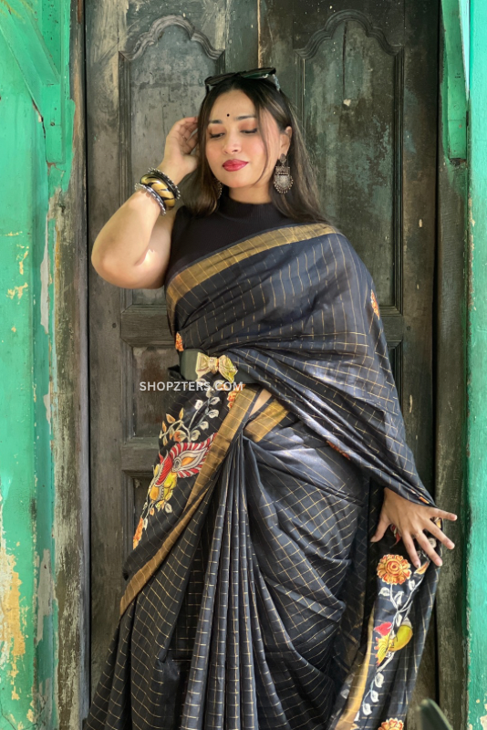 Hand Painted Black Checked Saree