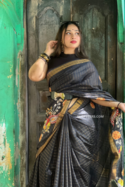 Hand Painted Black Checked Saree