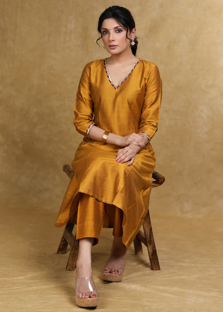 Mustard Cotton Silk A-Line Kurti Highlighted with Gotta Patti - Coord Pant Optional