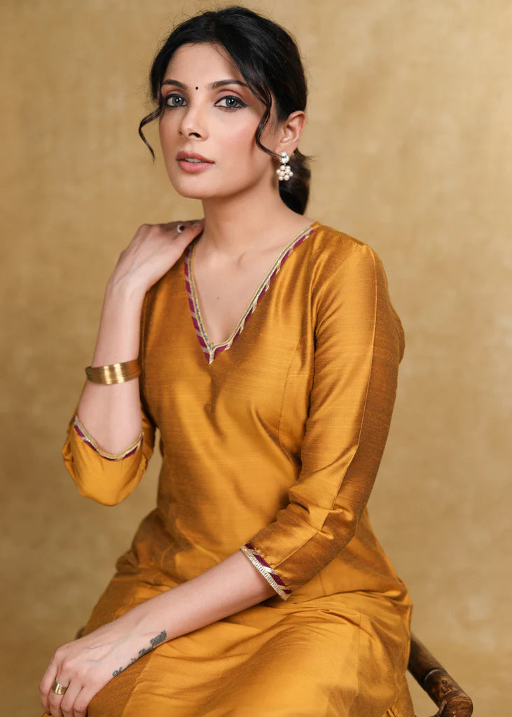 Mustard Cotton Silk A-Line Kurti Highlighted with Gotta Patti - Coord Pant Optional