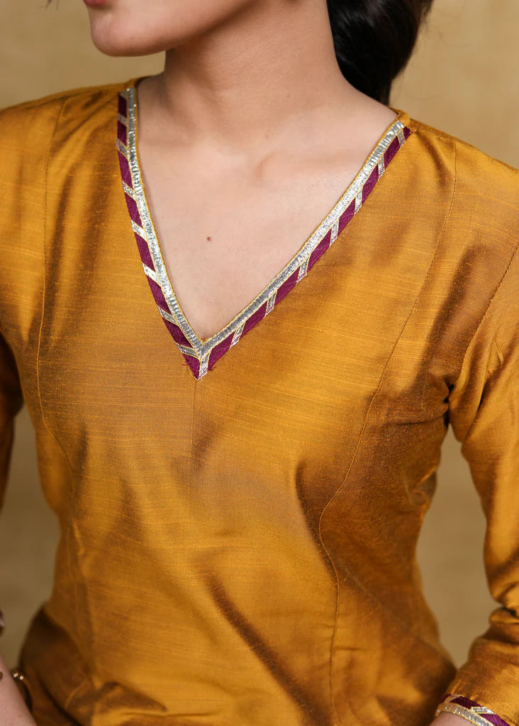 Mustard Cotton Silk A-Line Kurti Highlighted with Gotta Patti - Coord Pant Optional