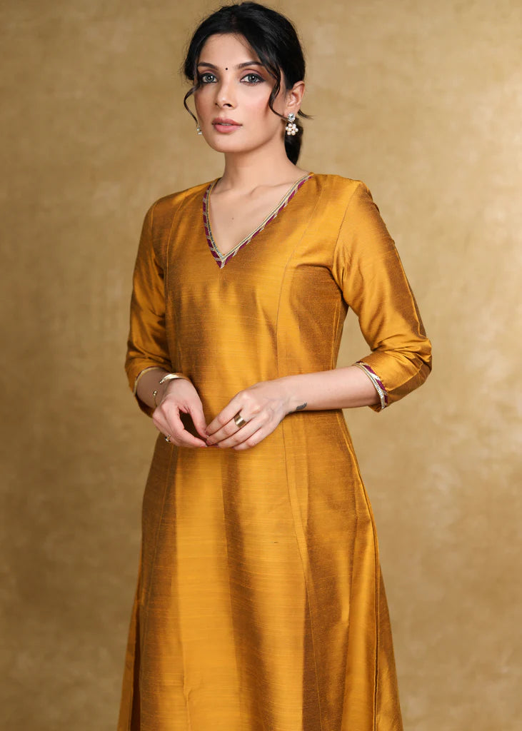 Mustard Cotton Silk A-Line Kurti Highlighted with Gotta Patti - Coord Pant Optional