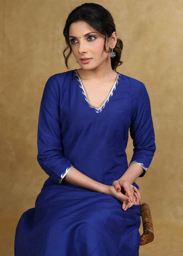Royal Blue Cotton Silk A-Line Kurti Highlighted with Gotta Patti - Coord Pant Optional