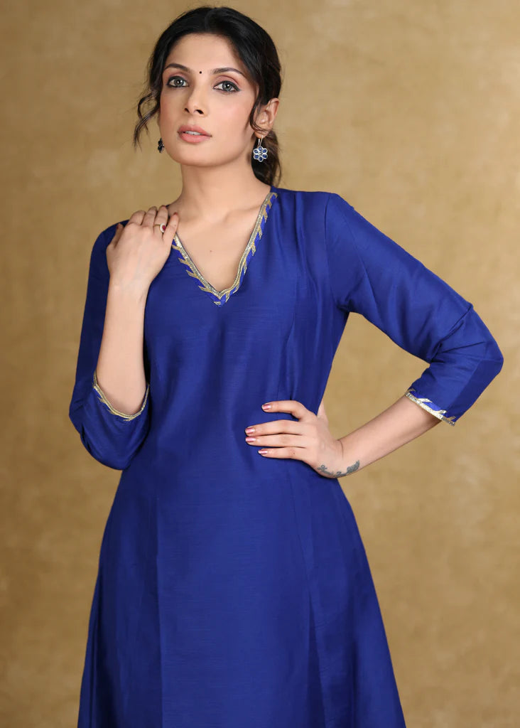 Royal Blue Cotton Silk A-Line Kurti Highlighted with Gotta Patti - Coord Pant Optional
