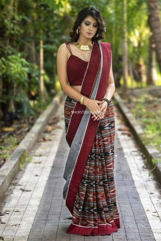 Maroon & Grey Ikkat Saree with tucks border