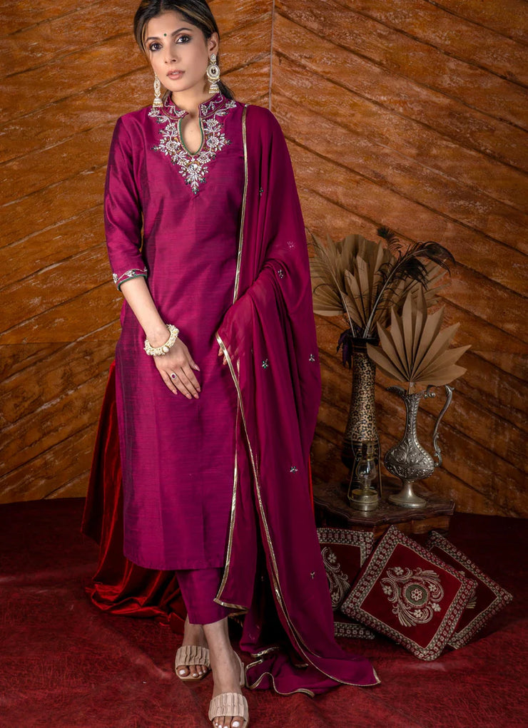 Magenta Cotton Silk Kurta with Stone Work & Matching Pants (Dupatta Optional)