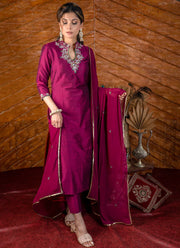 Magenta Cotton Silk Kurta with Stone Work & Matching Pants (Dupatta Optional)