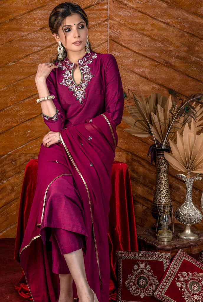 Magenta Cotton Silk Kurta with Stone Work & Matching Pants (Dupatta Optional)