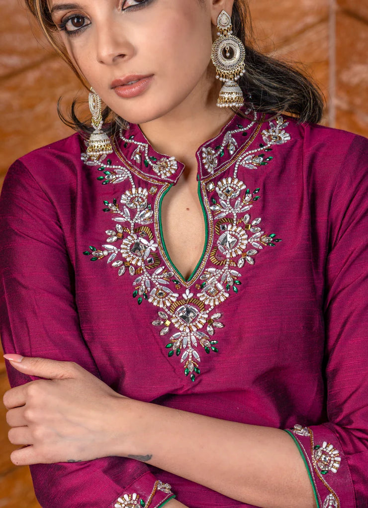 Magenta Cotton Silk Kurta with Stone Work & Matching Pants (Dupatta Optional)