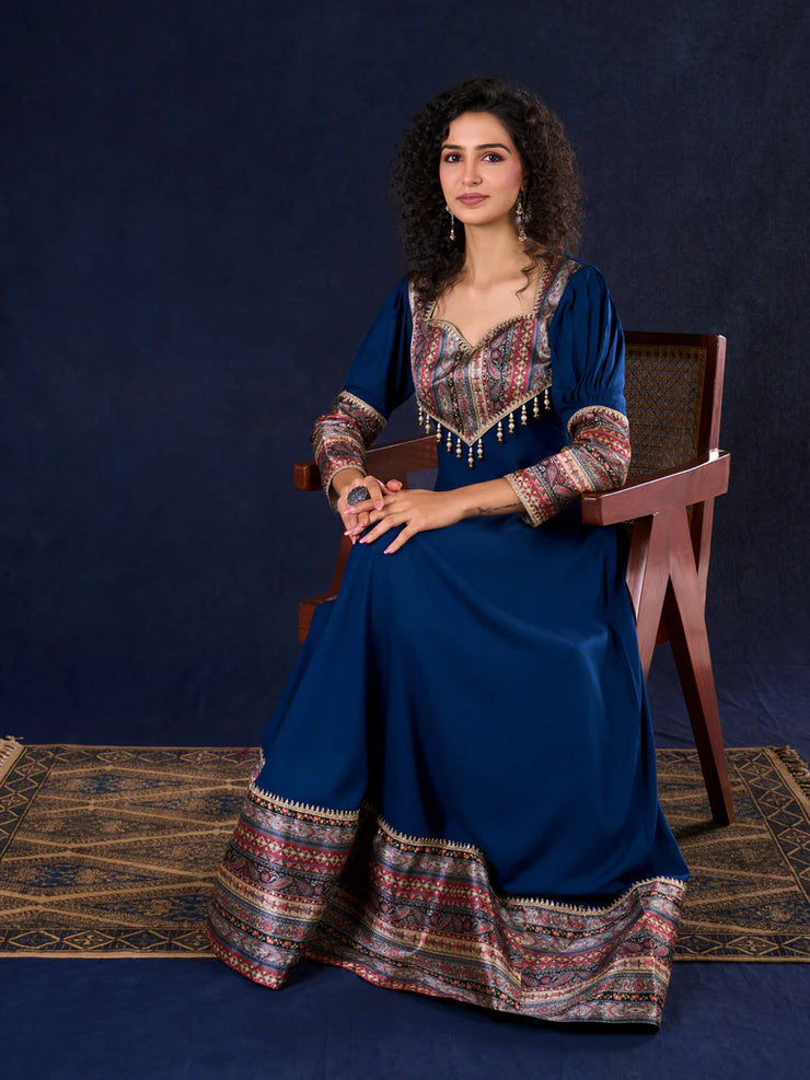Graceful Navy Blue Rayon Flared Anarkali Gown with Pleated Sleeves & Pearl Accents
