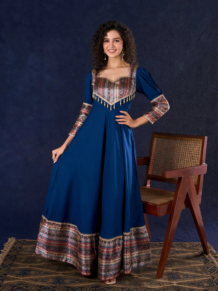 Graceful Navy Blue Rayon Flared Anarkali Gown with Pleated Sleeves & Pearl Accents