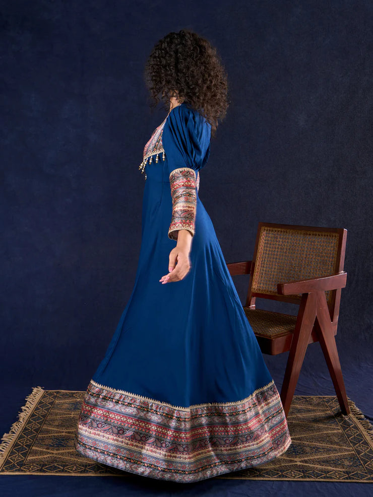 Graceful Navy Blue Rayon Flared Anarkali Gown with Pleated Sleeves & Pearl Accents