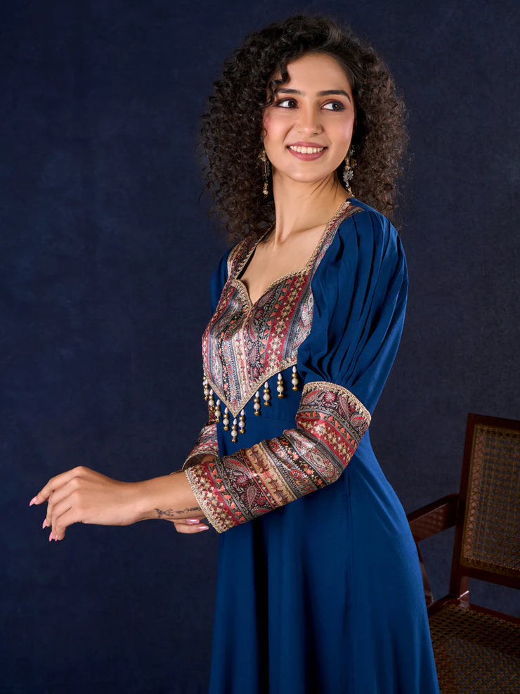 Graceful Navy Blue Rayon Flared Anarkali Gown with Pleated Sleeves & Pearl Accents
