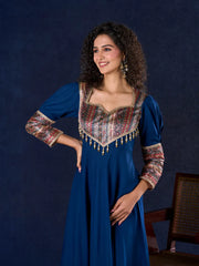 Graceful Navy Blue Rayon Flared Anarkali Gown with Pleated Sleeves & Pearl Accents