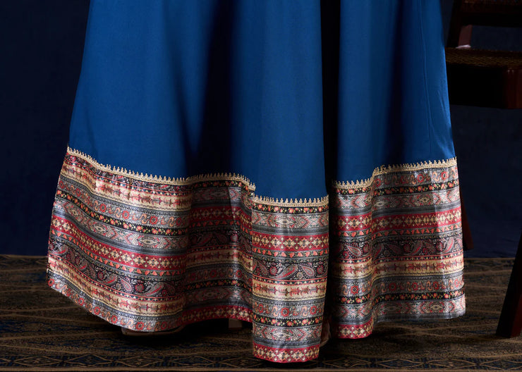 Graceful Navy Blue Rayon Flared Anarkali Gown with Pleated Sleeves & Pearl Accents
