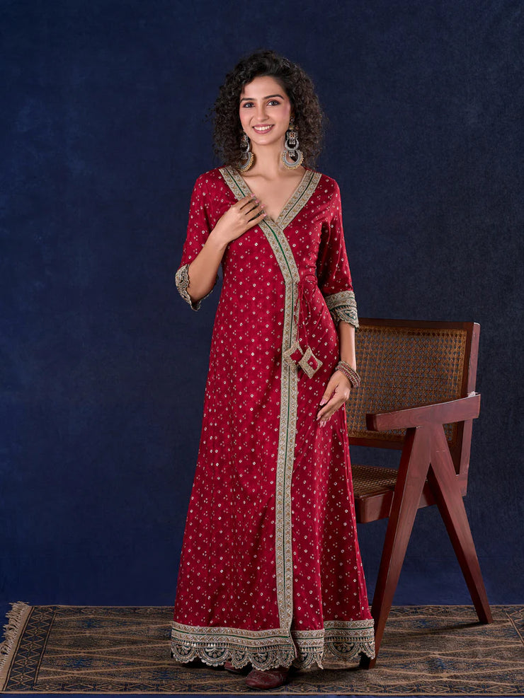 Heritage Maroon Bandhani A-Line Angarkha Anarkali Gown with Statement Tassels