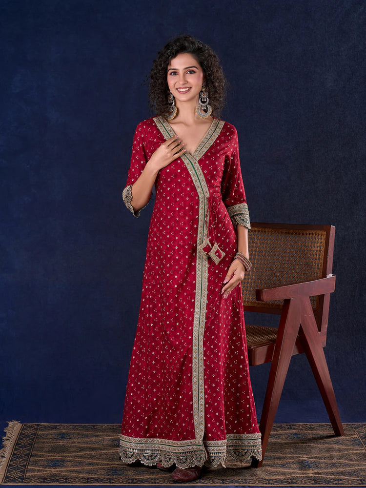 Heritage Maroon Bandhani A-Line Angarkha Anarkali Gown with Statement  Tassels