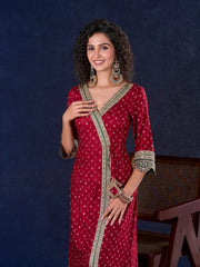 Heritage Maroon Bandhani A-Line Angarkha Anarkali Gown with Statement Tassels