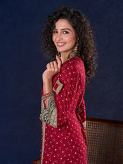 Heritage Maroon Bandhani A-Line Angarkha Anarkali Gown with Statement Tassels