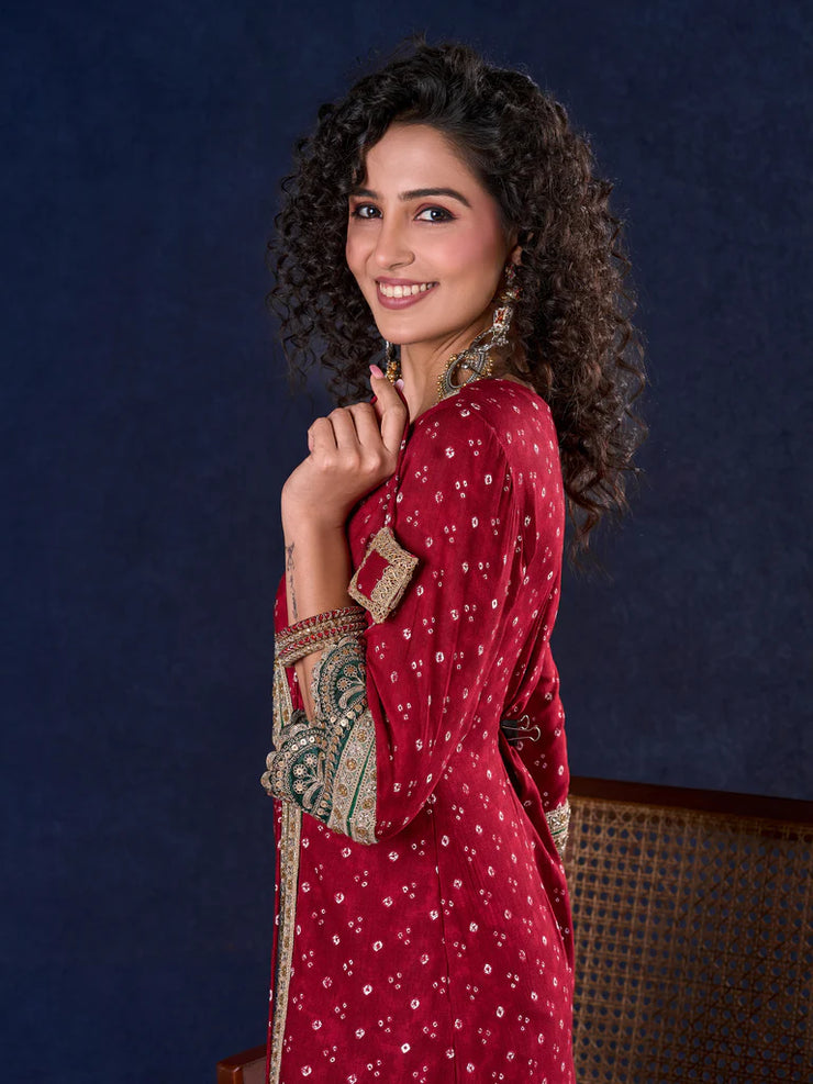 Heritage Maroon Bandhani A-Line Angarkha Anarkali Gown with Statement Tassels