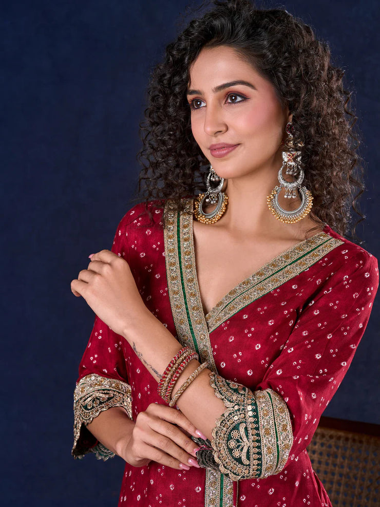 Heritage Maroon Bandhani A-Line Angarkha Anarkali Gown with Statement Tassels