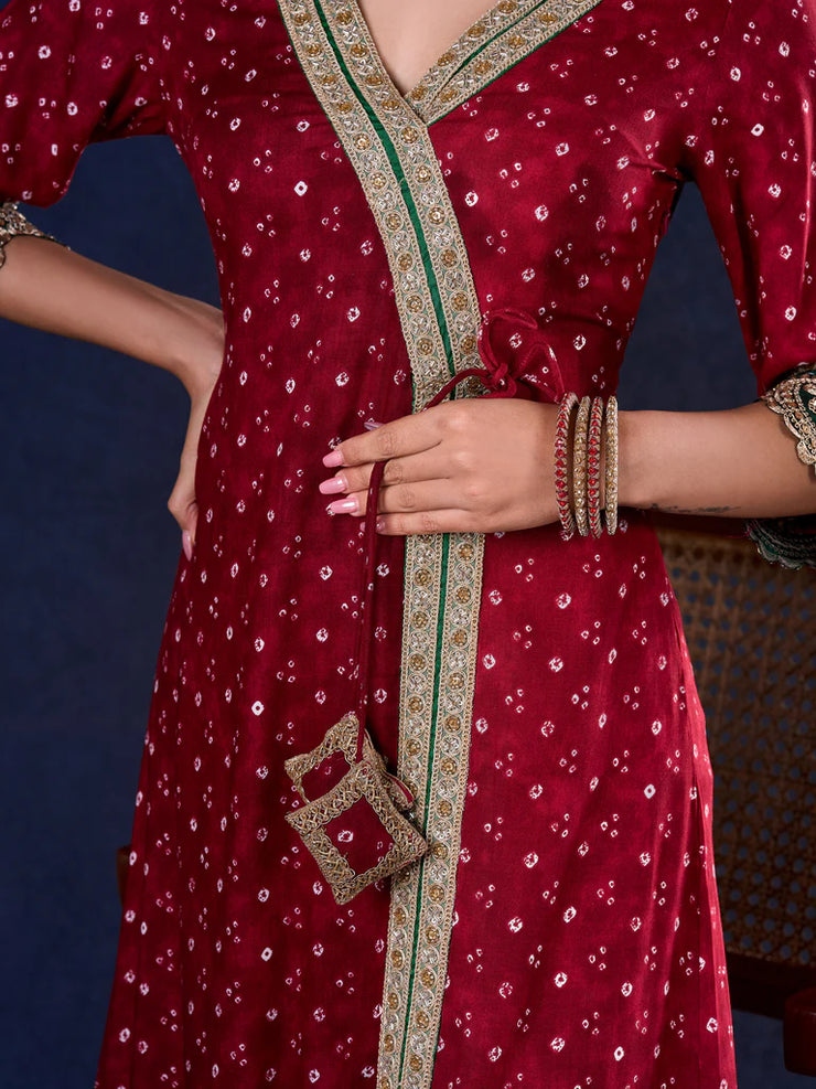 Heritage Maroon Bandhani A-Line Angarkha Anarkali Gown with Statement Tassels