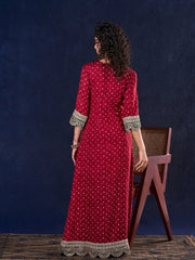 Heritage Maroon Bandhani A-Line Angarkha Anarkali Gown with Statement Tassels