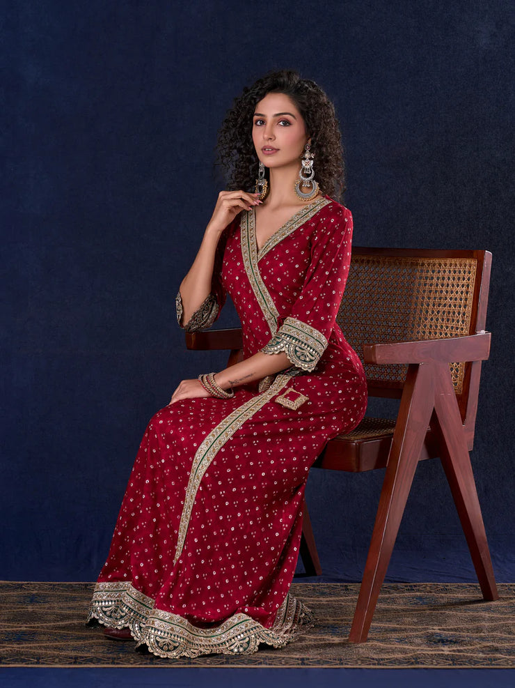 Heritage Maroon Bandhani A-Line Angarkha Anarkali Gown with Statement Tassels