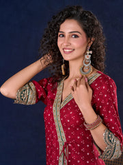 Heritage Maroon Bandhani A-Line Angarkha Anarkali Gown with Statement Tassels
