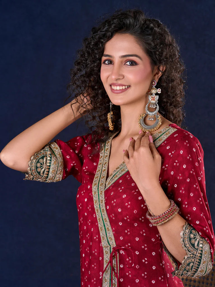 Heritage Maroon Bandhani A-Line Angarkha Anarkali Gown with Statement Tassels
