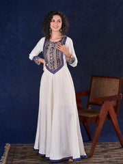 Majestic Off-White Rayon Anarkali Gown with Kalamkari Yoke & Mirror Work