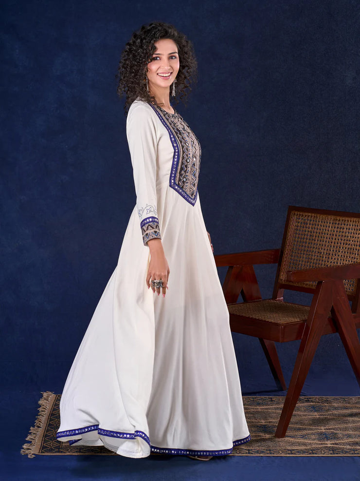 Majestic Off-White Rayon Anarkali Gown with Kalamkari Yoke & Mirror Work