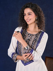 Majestic Off-White Rayon Anarkali Gown with Kalamkari Yoke & Mirror Work